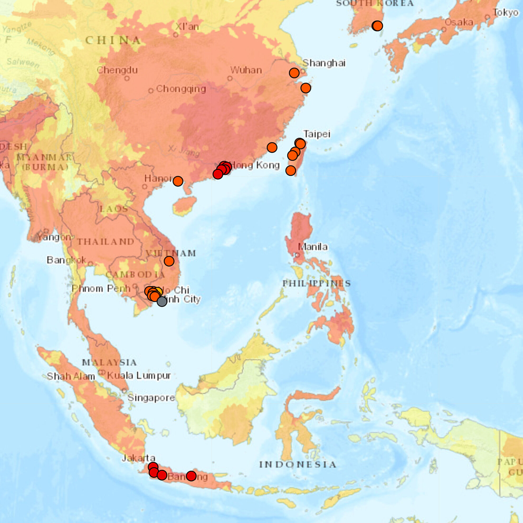 Map of Asia identifying regions at risk for water stress and flooding