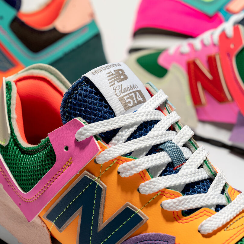 Detail shot of multiple Jaden 574s, featuring the shoe upper