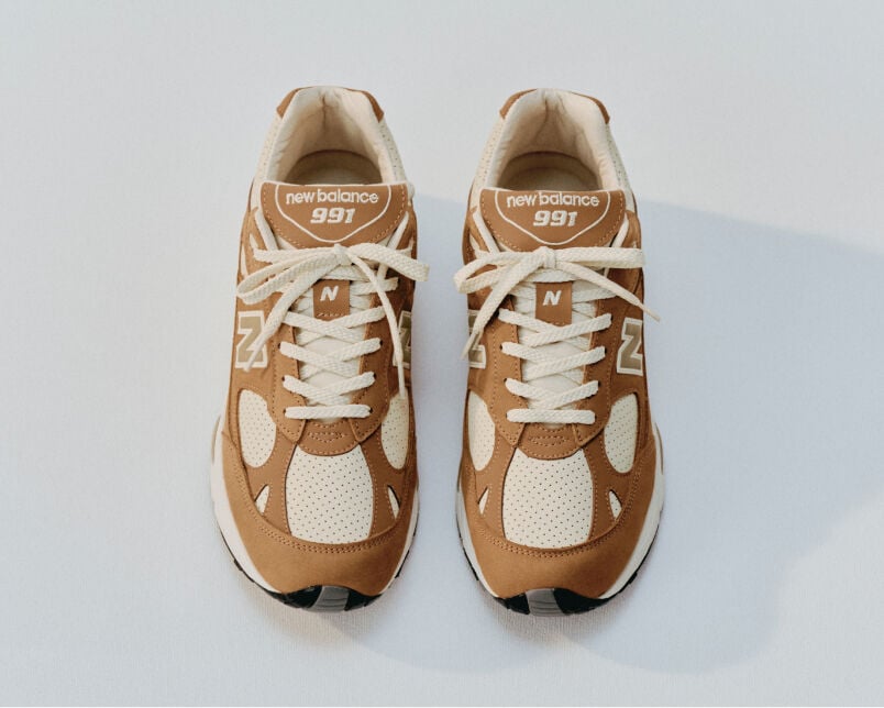 Close up view of a New Balance Made in UK sneaker tongue and laces.  